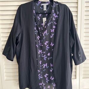 Catherines Black and Purple Butterfly Button Down Shirt with Black Jacket. NEW
